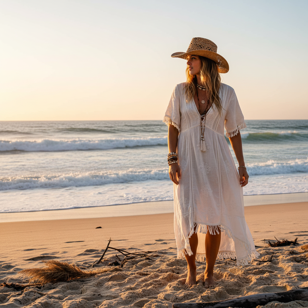 Woman wearing tan straw cowboy hat at the beach with ocean background, boho beach style, summer coastal western aesthetic