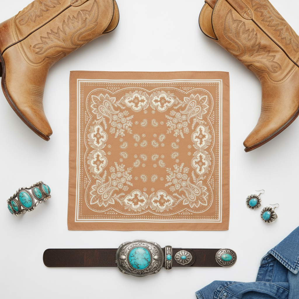 Tan paisley wild rag scarf flat lay with western accessories - cowboy boots, turquoise jewelry, leather belt, denim