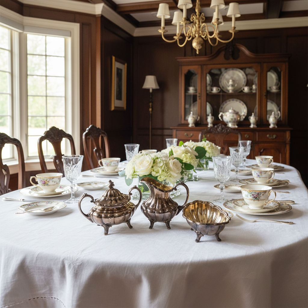 Elegant formal dining table setting with vintage Reed & Barton silver plated set centerpiece, fine china teacups, white linen tablecloth