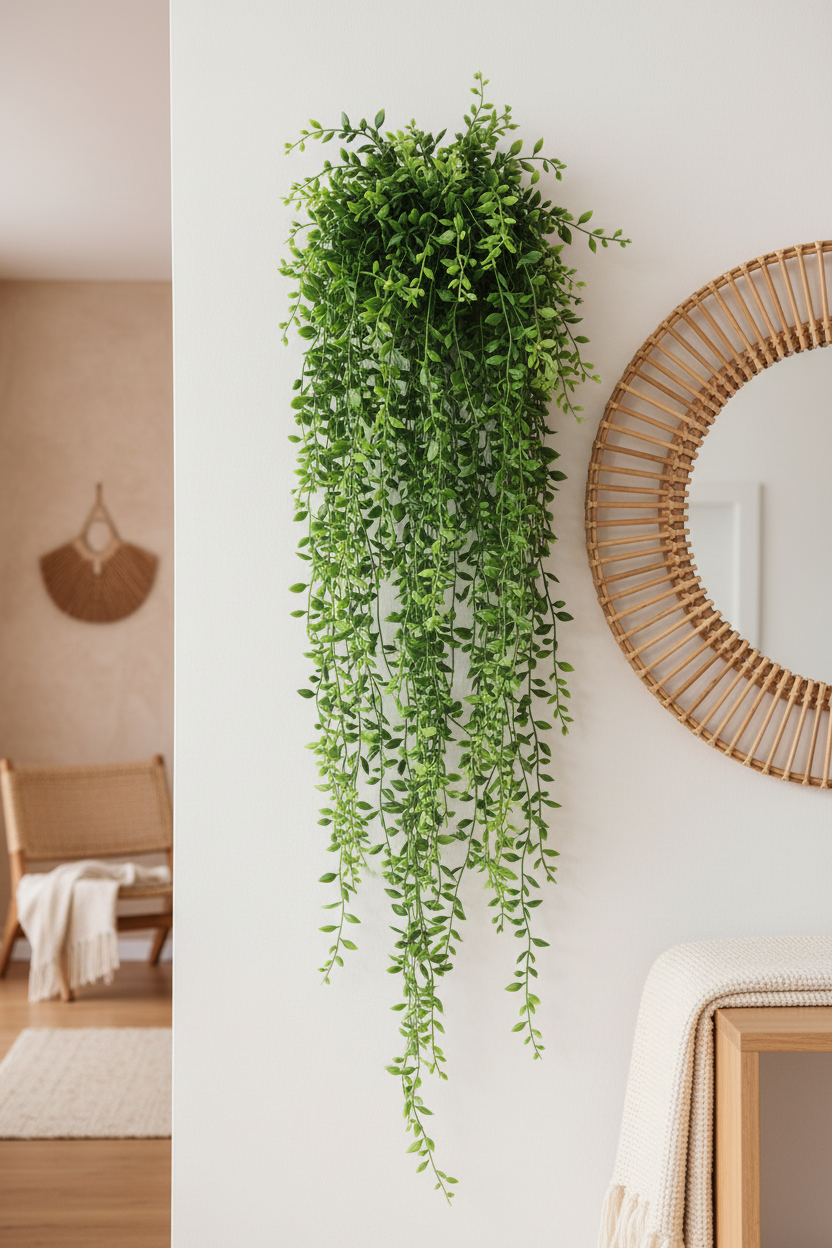 Artificial hanging greenery vines cascading down a white wall in a boho living room with rattan mirror accent and warm neutral decor