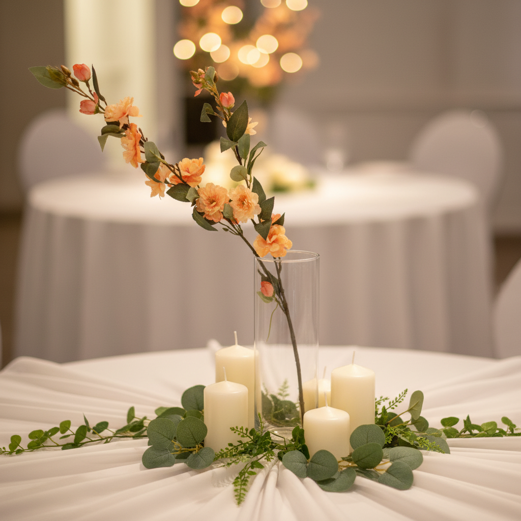 Artificial peach blossom stem styled in a romantic wedding centerpiece arrangement with candles and greenery