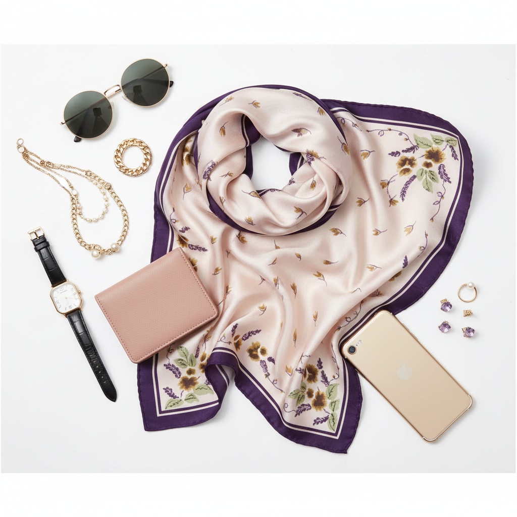 Flat lay of blush pink and purple floral satin scarf with fashion accessories on white background