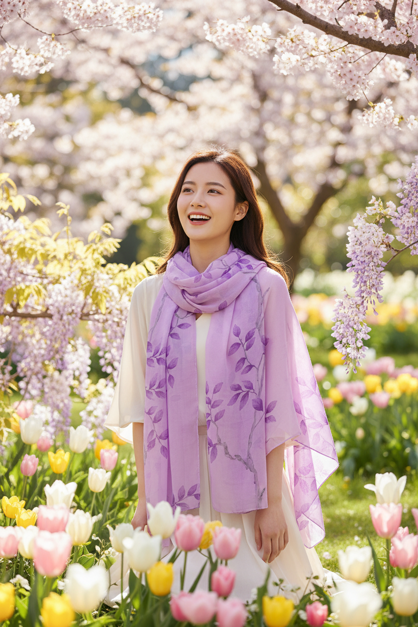 Woman wearing lavender purple leaf scarf in spring garden with blooming flowers