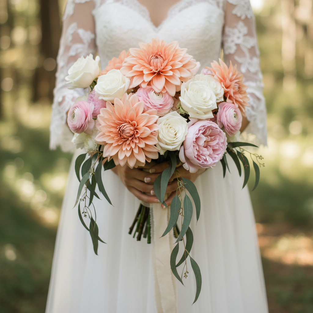 Bridal bouquet featuring soft peach dahlia blooms with white garden roses, blush peonies and trailing eucalyptus