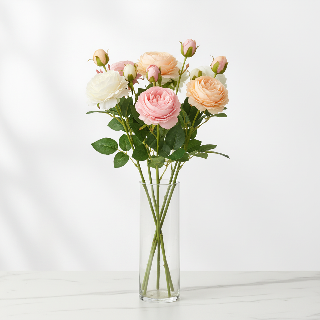 9-stem artificial rose arrangement in clear glass vase with 3 white, 3 pink, and 3 peach roses on white marble surface