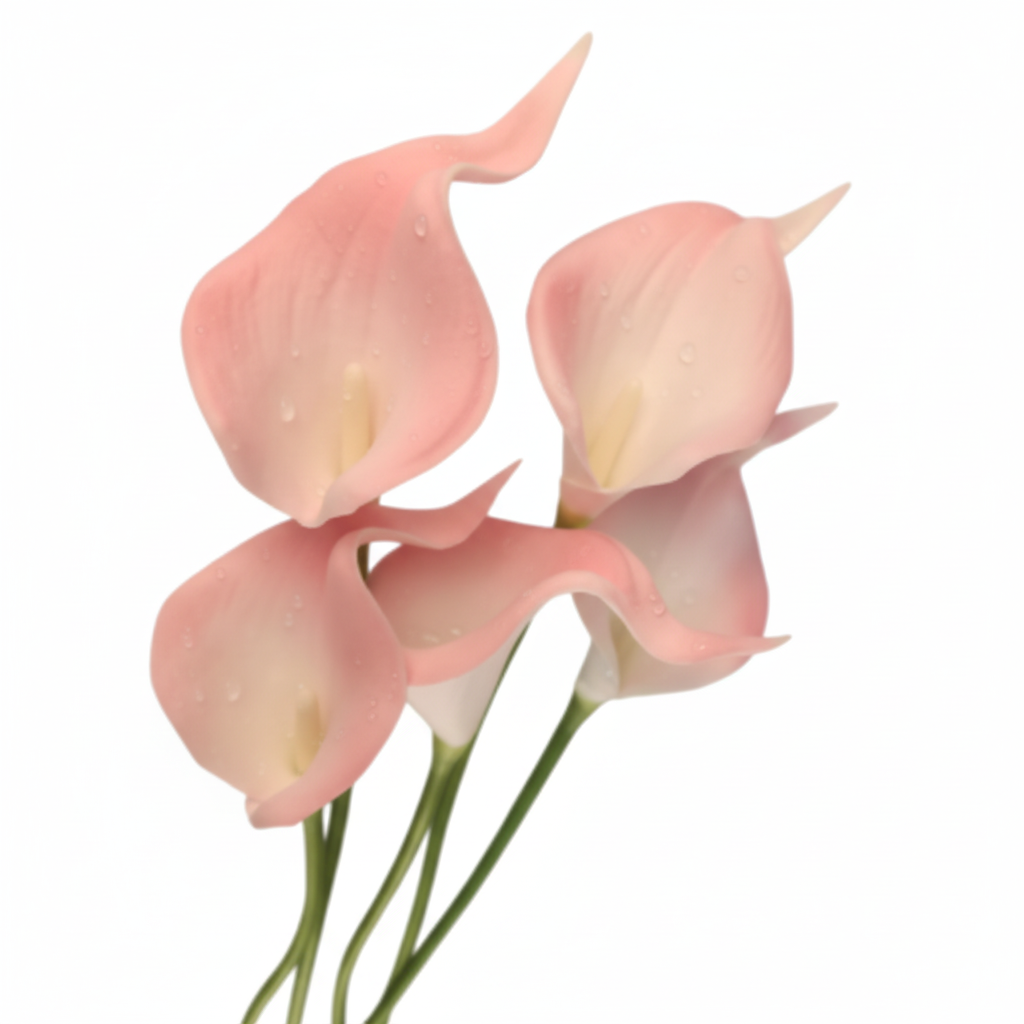 Close-up of blush pink faux calla lily stems showing soft pastel petals and elegant curves, romantic product photography