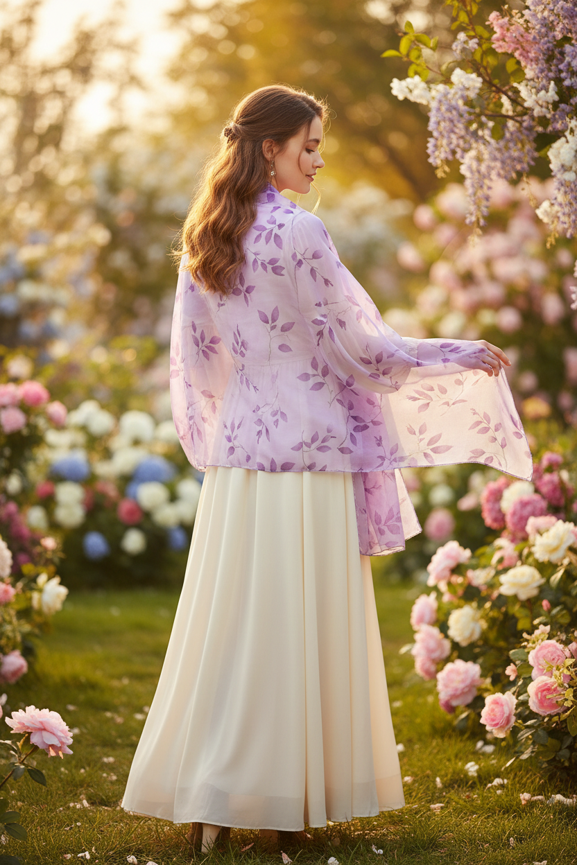 Woman wearing lavender purple leaf scarf in romantic garden setting