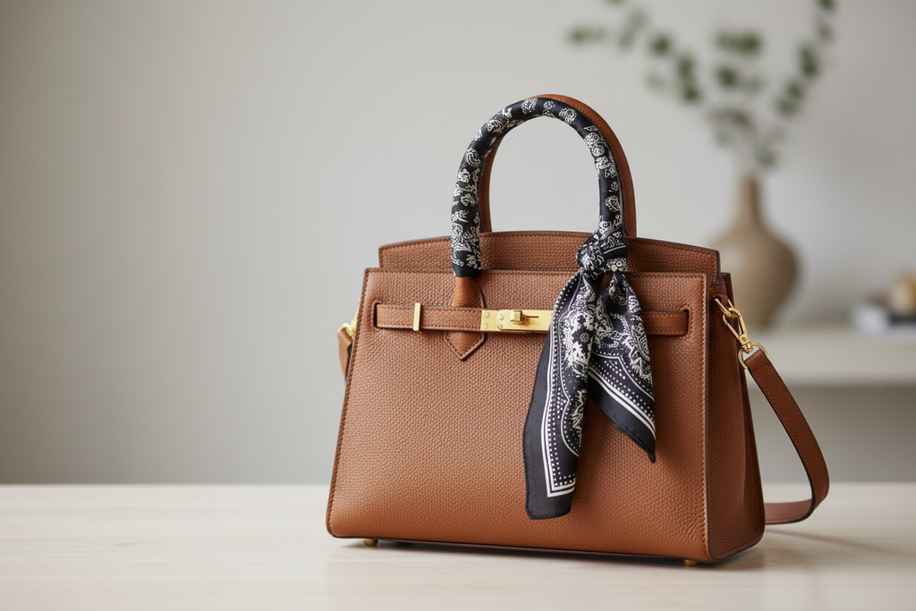 Black paisley scarf tied on handbag as chic decorative bag accessory with white paisley design