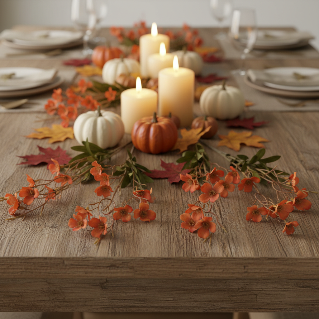 Artificial terracotta coral dogwood stems as fall dining table runner with candles, pumpkins, and autumn leaves on wooden table