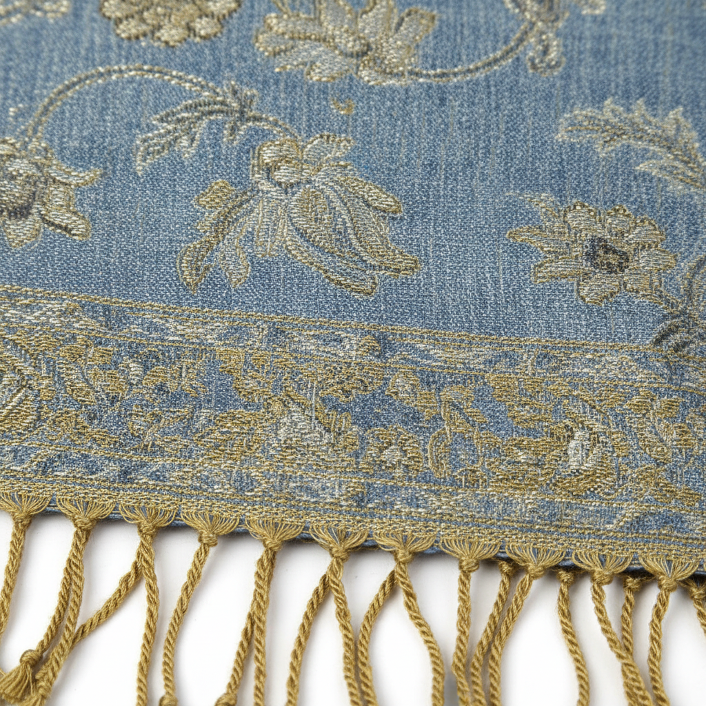 Close-up of denim blue gold paisley jacquard woven fabric texture with gold fringe tassels detail