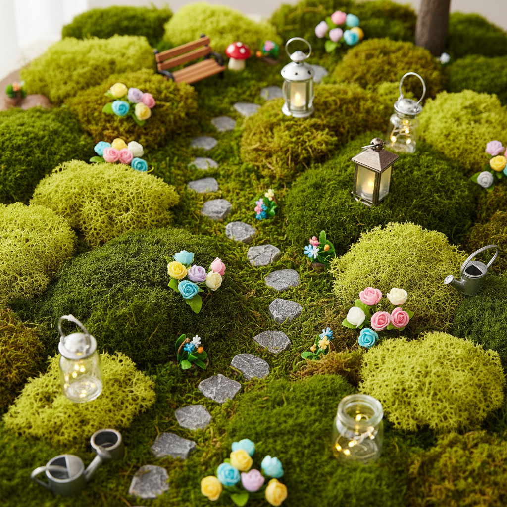 Faux green moss as ground cover in enchanted miniature fairy garden with stepping stones small lanterns and delicate flowers