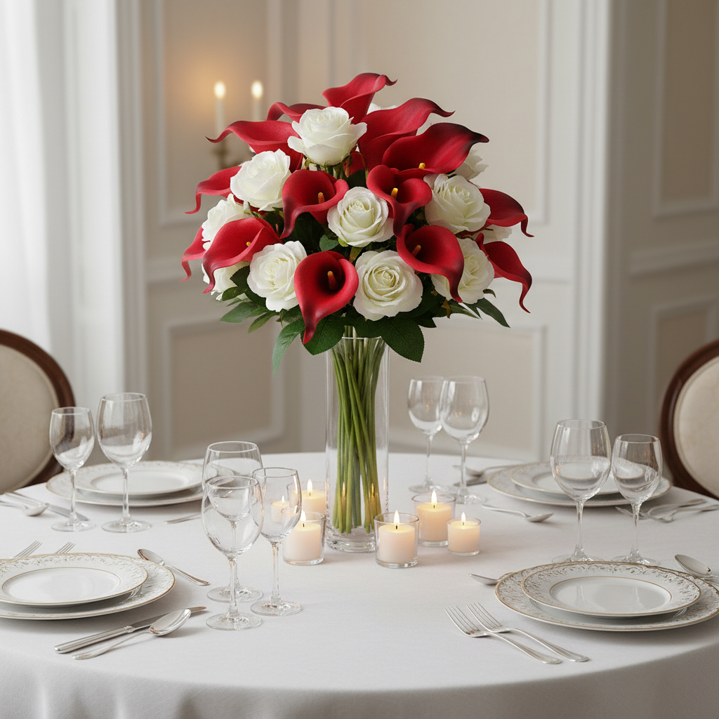 Cherry red black edge artificial calla lily stems with white roses in crystal vase on elegant anniversary table with candles and fine china