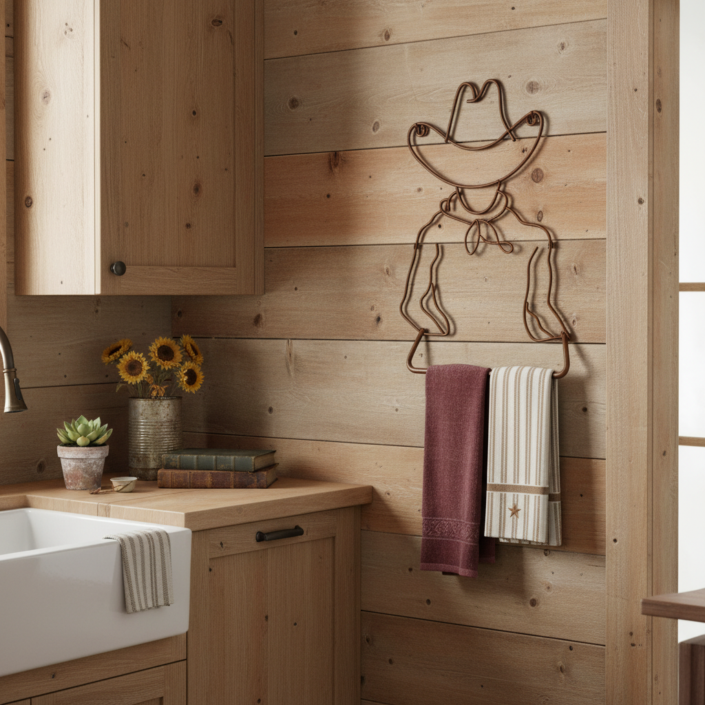 Brown western cowboy hat towel holder mounted in rustic kitchen with two hand towels, 23x15 inches