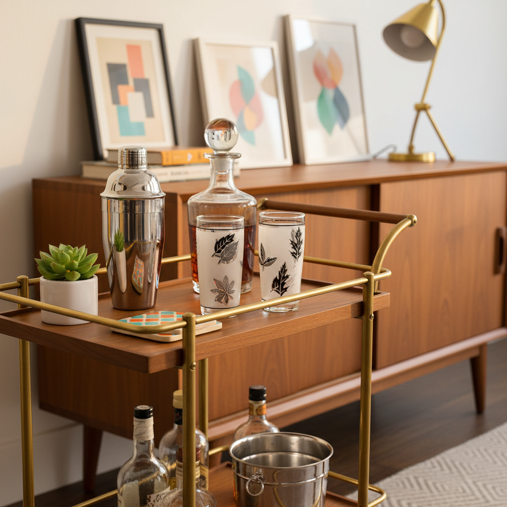 Vintage bar cart styled with Libbey Silver Foliage glasses, chrome cocktail shaker, and mid-century modern decor for retro entertaining