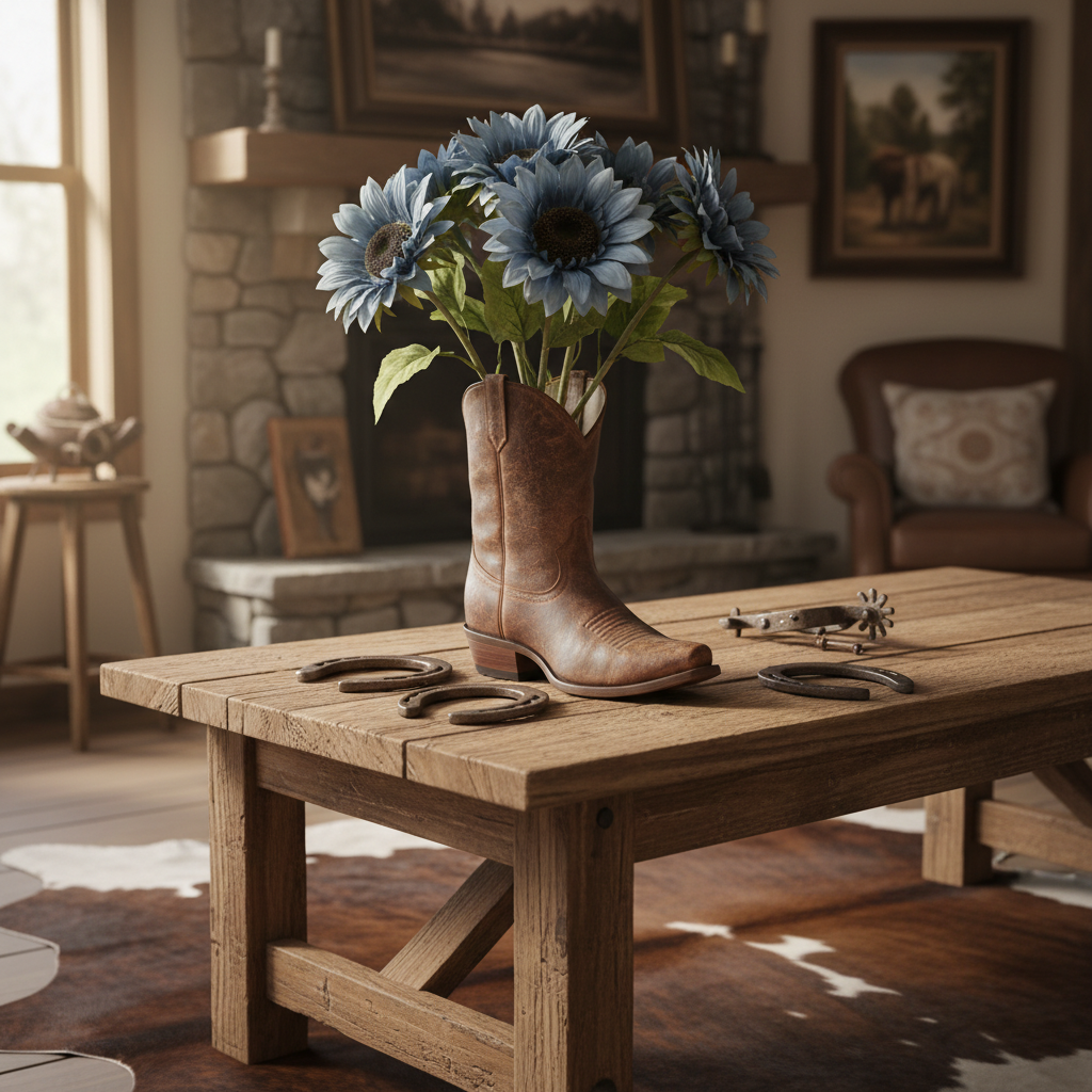 Dusty blue sunflower stems in weathered leather boot vase on rustic ranch table, western home décor with cowhide rug and vintage spurs, authentic cowboy style interior