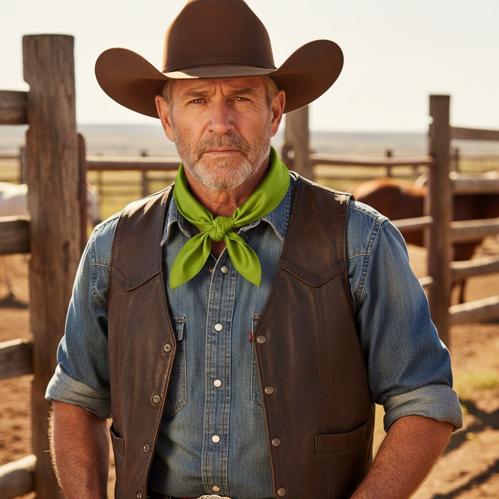 Cowboy wearing lime green wild rag scarf in traditional western style with cowboy hat and ranch wear