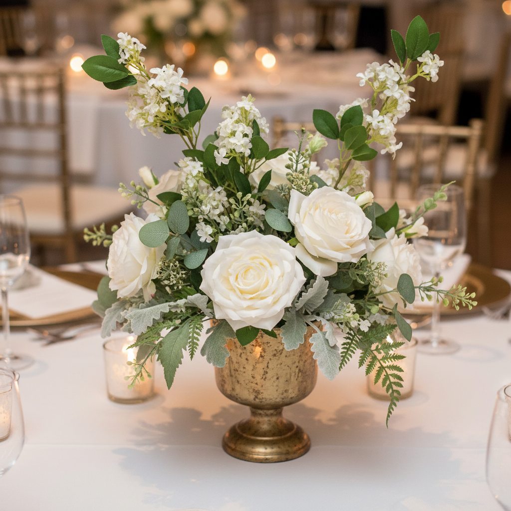 Artificial white blossom stem in a romantic wedding centerpiece with white roses and eucalyptus in a gold vase