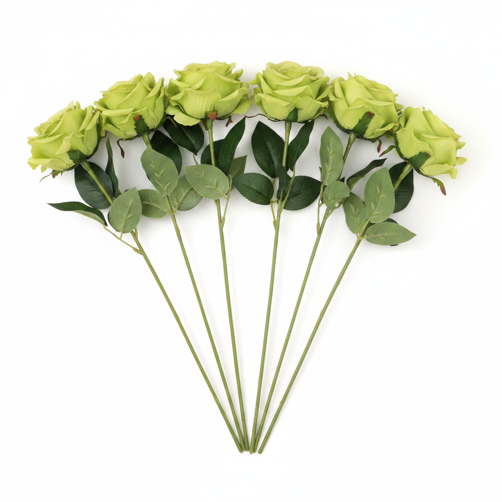 Set of 6 lime green faux rose stems grouped together on white background, soft lime green rose blooms with realistic layered petals and faux leaves