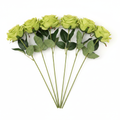 Set of 6 lime green faux rose stems grouped together on white background, soft lime green rose blooms with realistic layered petals and faux leaves