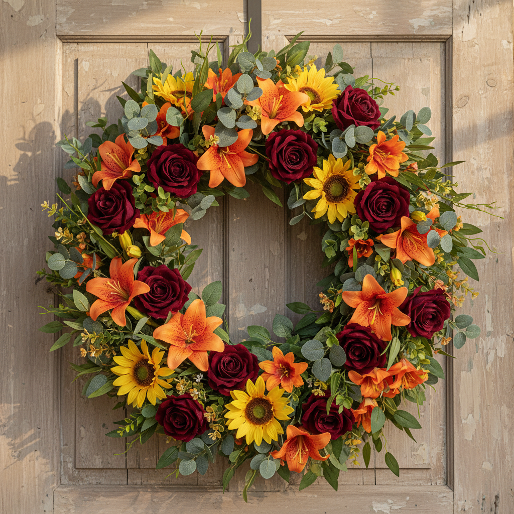 Full lush wreath on rustic wood door featuring artificial burgundy velvet roses with orange asiatic lilies and yellow sunflowers, florist-styled door wreath decor