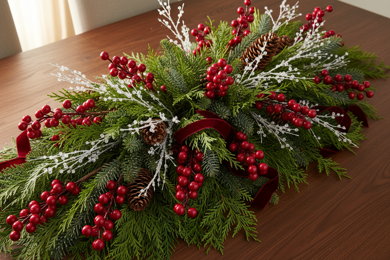 Holiday table centerpiece with red berry picks and icy crystal branches mixed diagonally throughout mixed Christmas evergreen greenery