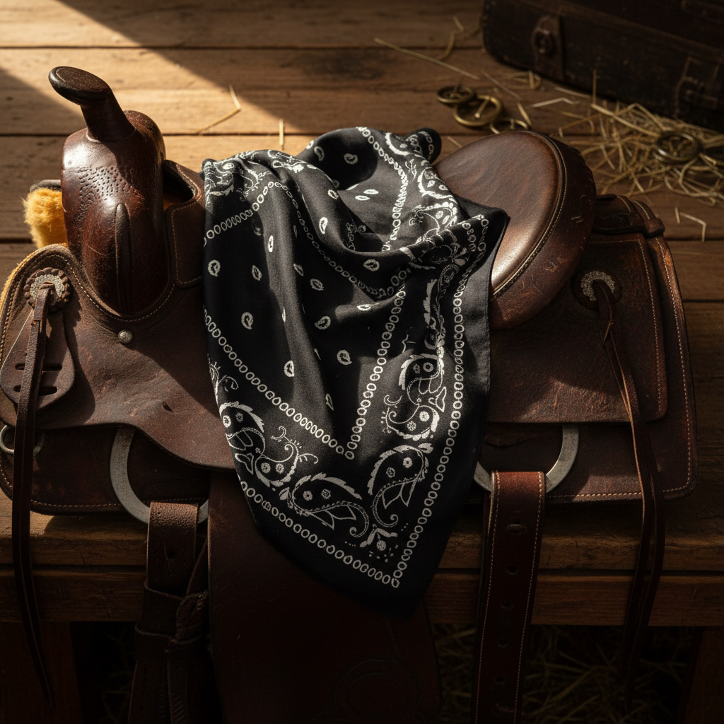 Black white paisley wild rag scarf draped over western saddle, rustic ranch aesthetic