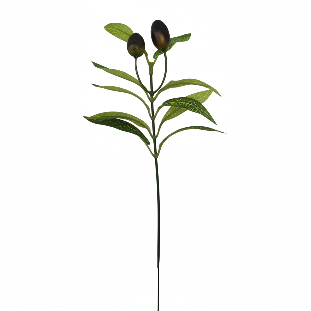 Close-up of artificial olive branch stem showing elongated pointed green leaves and dark oval black berries at the top