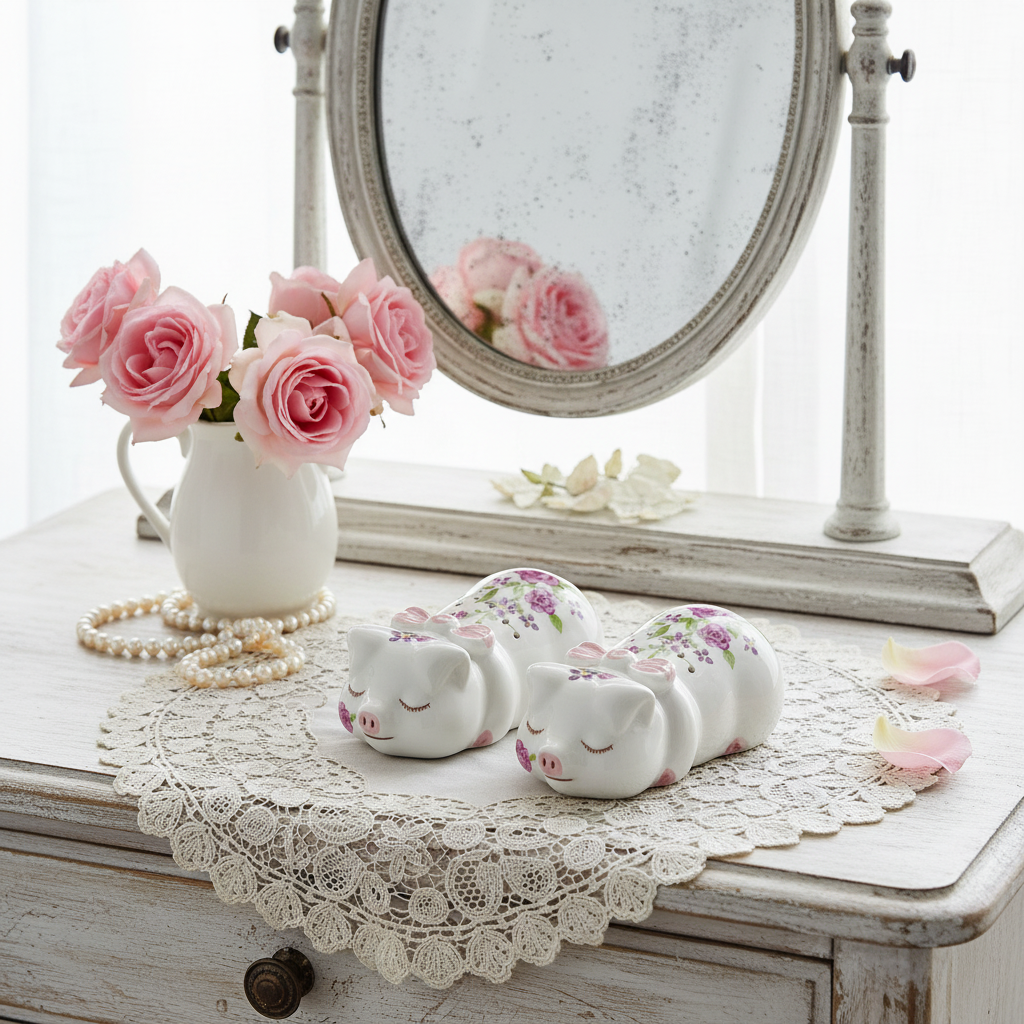 Set of 2 vintage Avon ceramic sleeping pig pomander holders with pink floral accents styled on a shabby chic vanity with roses and lace