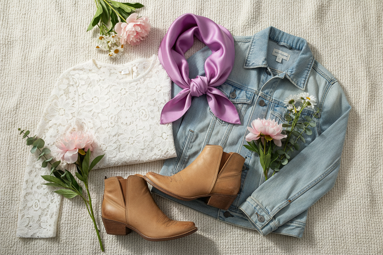 Lavender wild rag with light denim jacket, white lace top, and spring flowers, feminine western style