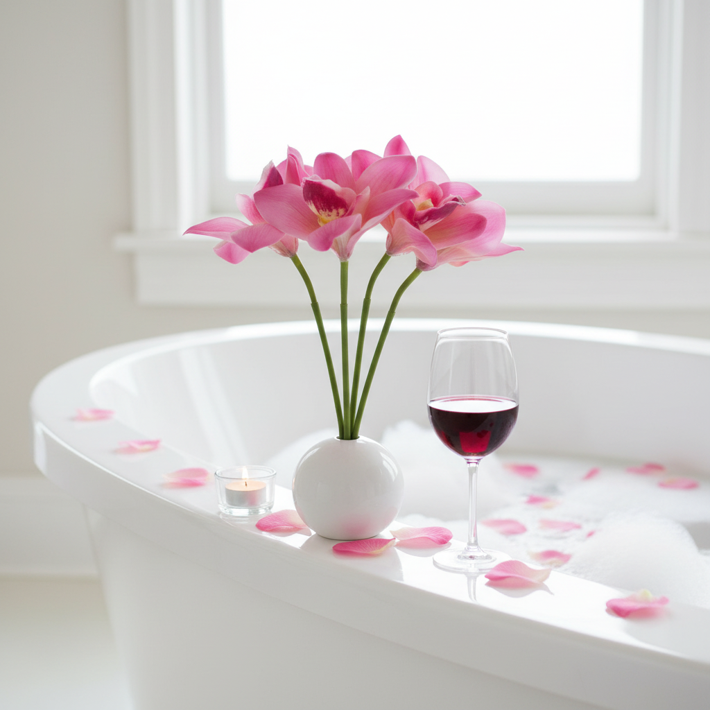 Deep hot pink Cymbidium orchid stems in a round white ceramic vase on a luxury freestanding bathtub edge with tealight candle, red wine glass, and rose petals, spa lifestyle setting