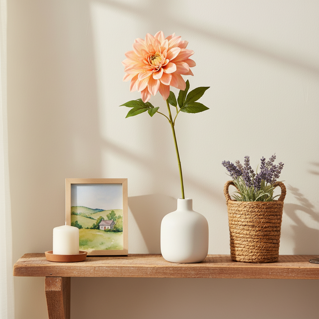 Soft peach dahlia faux flower stem in white ceramic vase styled on rustic farmhouse wooden shelf with cottage home decor