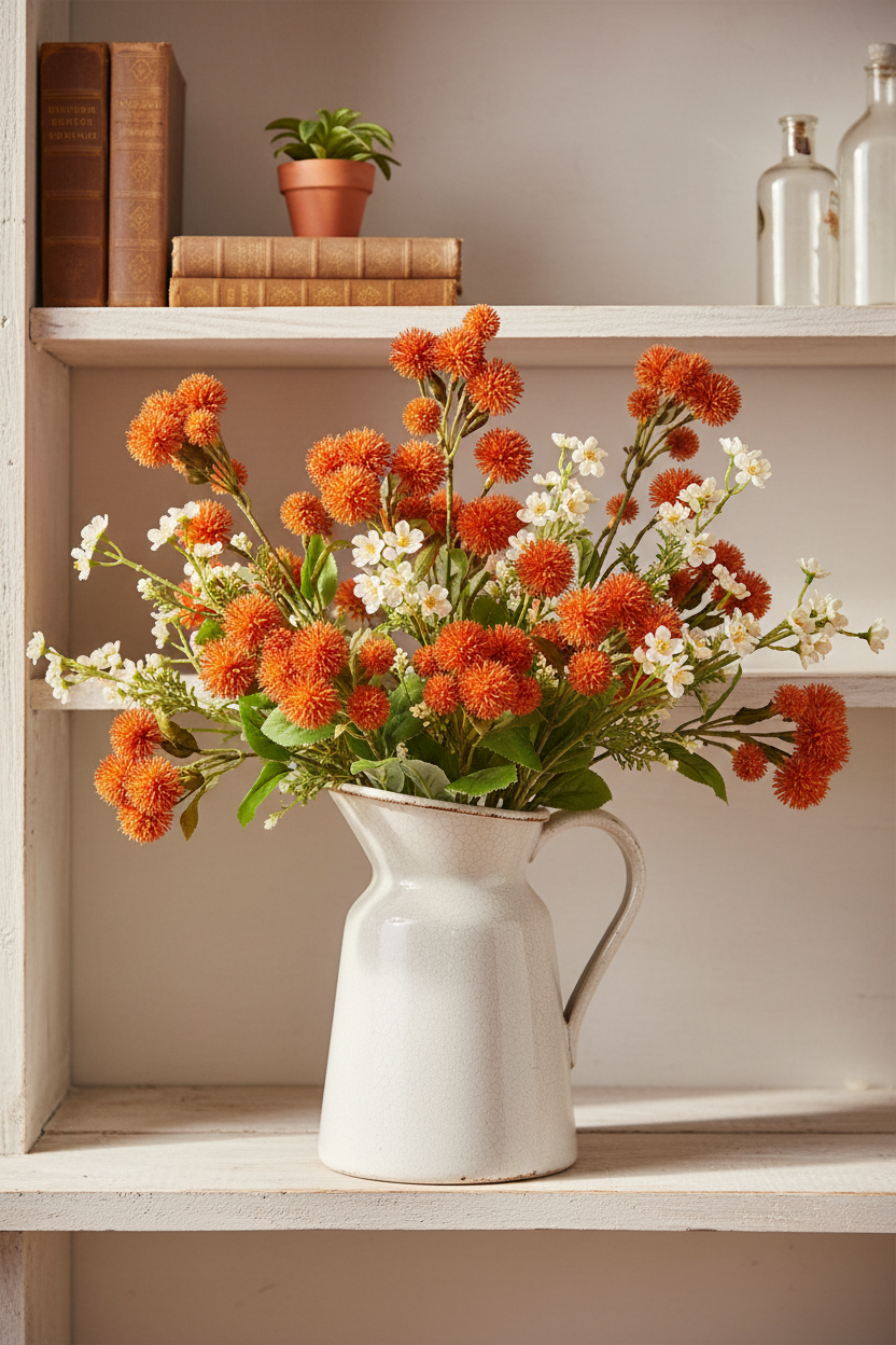 Artificial orange pom pom thistle stems in a loose natural arrangement in a white ceramic pitcher, farmhouse cottagecore setting with antique white shelving and warm painterly light