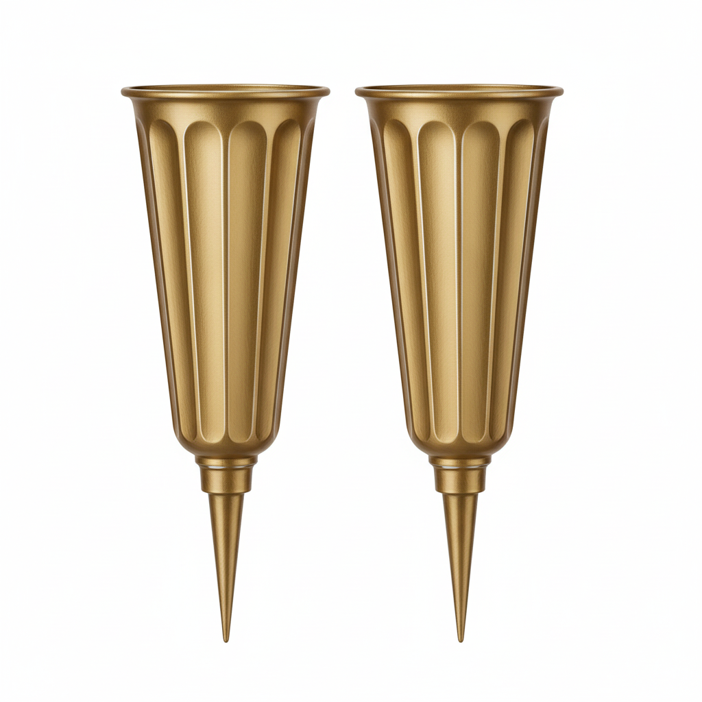 Gold and white cemetery vases with ground spikes set of 2 for gravesite flowers