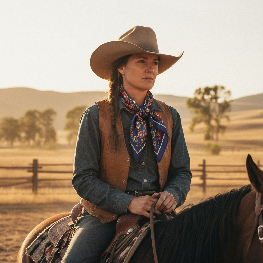 Cowgirl wearing navy paisley wild rag satin scarf tied at the neck in classic western style at a ranch