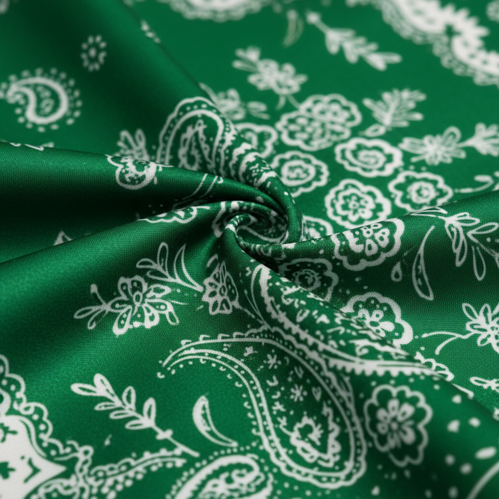 Close-up detail of green satin fabric with white paisley print pattern