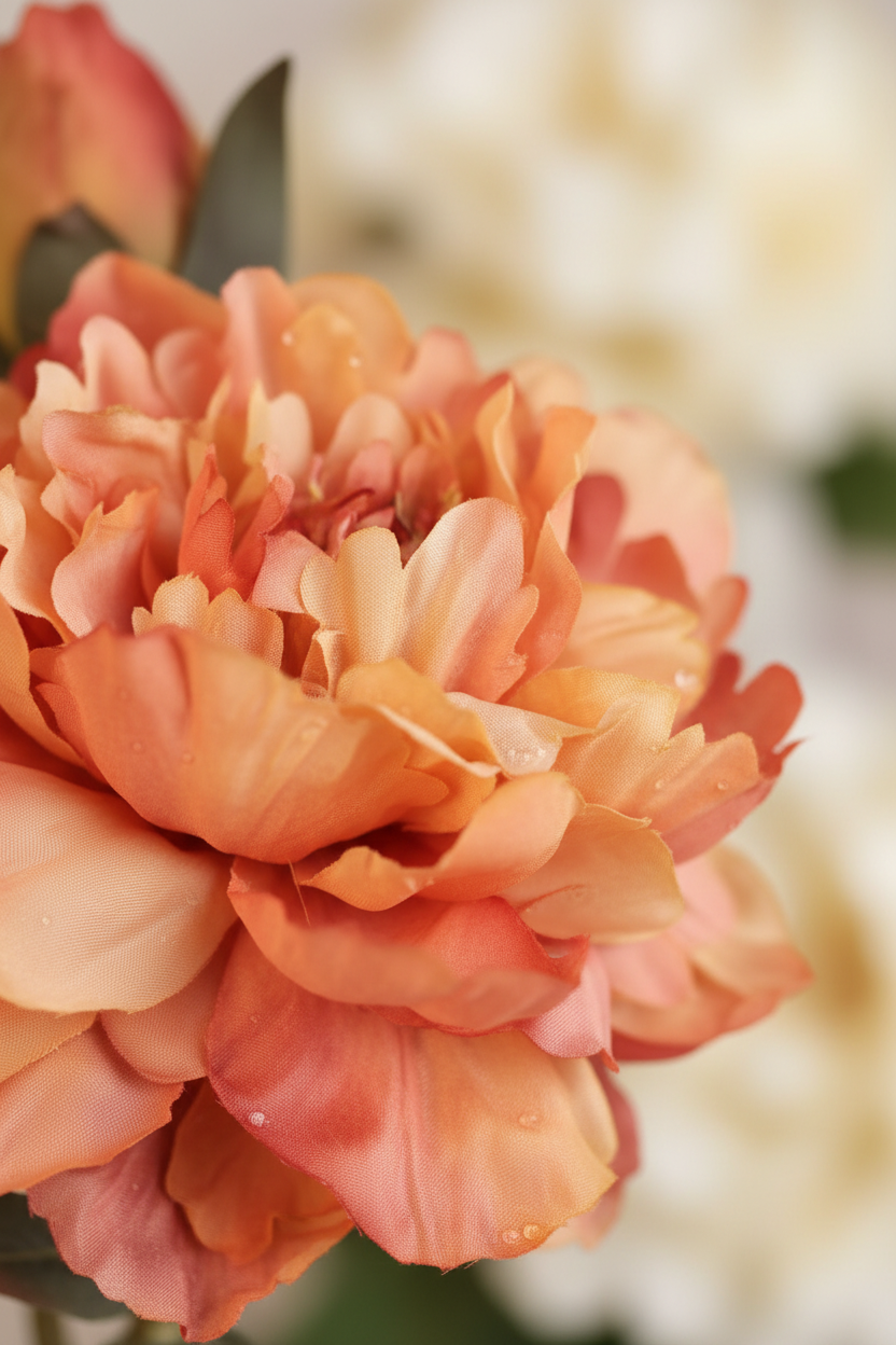 Close-up detail of peach coral peony bloom showing layered silk petals with apricot and warm coral color variation, highlighting realistic texture