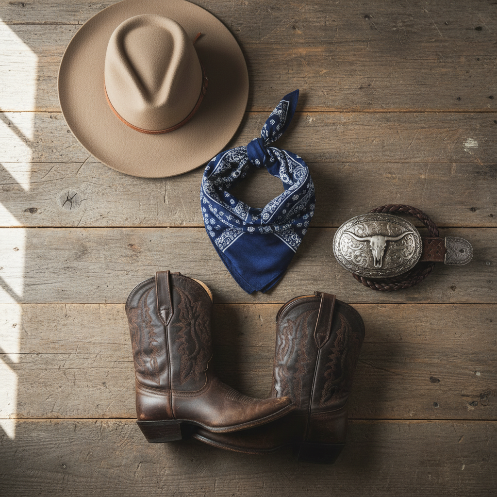 Flat lay of navy paisley wild rag with cowboy hat, boots, and western accessories