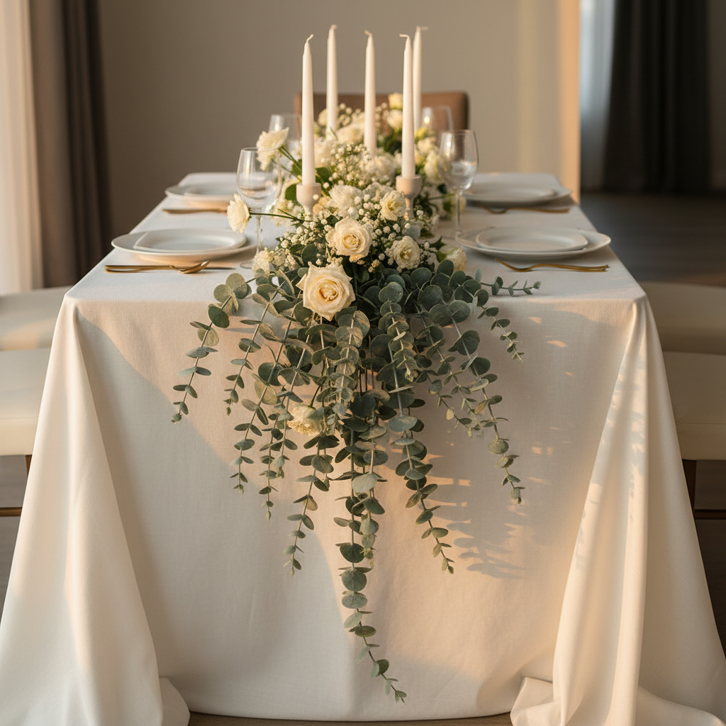 Dining table runner with baby blue eucalyptus stems along white linen tablecloth with taper candles and cream florals