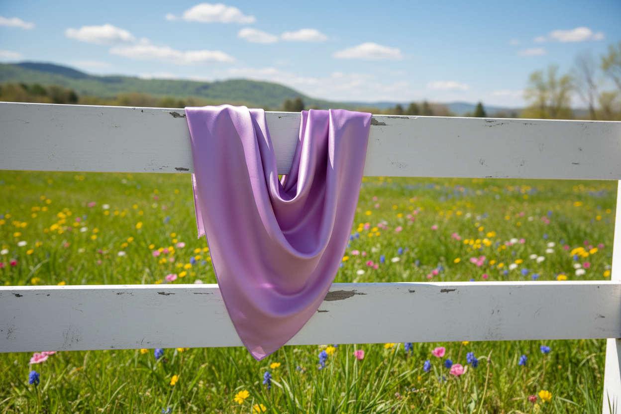 Lavender wild rag draped on white picket fence with spring wildflowers and green grass