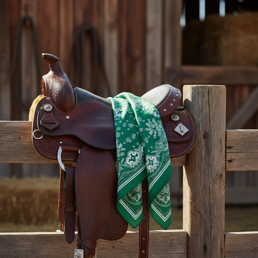 Green paisley scarf draped on western leather saddle showing satin sheen