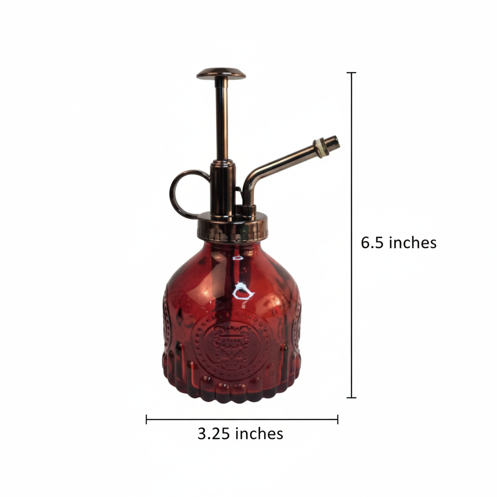 Red glass plant mister measurement diagram showing 6.5 inches height and 3.25 inches width dimensions