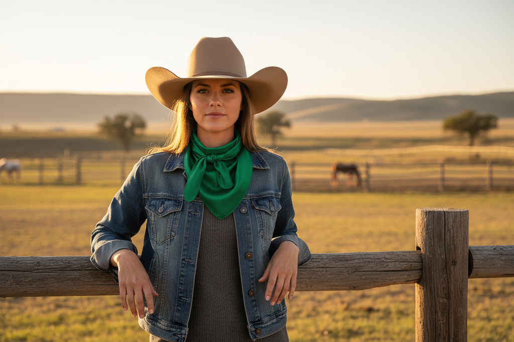 Cowgirl wearing green wild rag scarf with western hat and denim jacket at ranch fence during golden hour