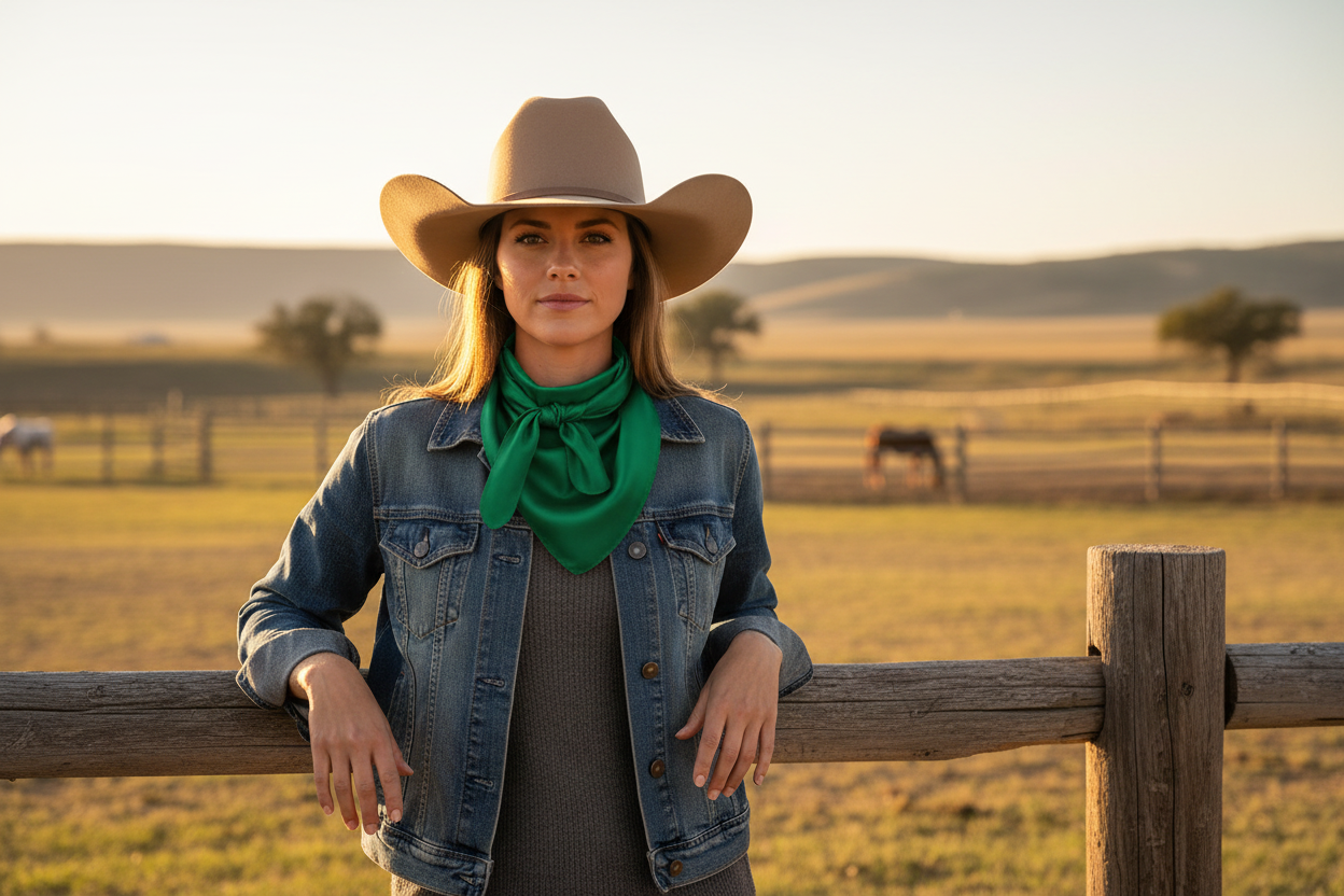 Cowgirl wearing green wild rag scarf with western hat and denim jacket at ranch fence during golden hour