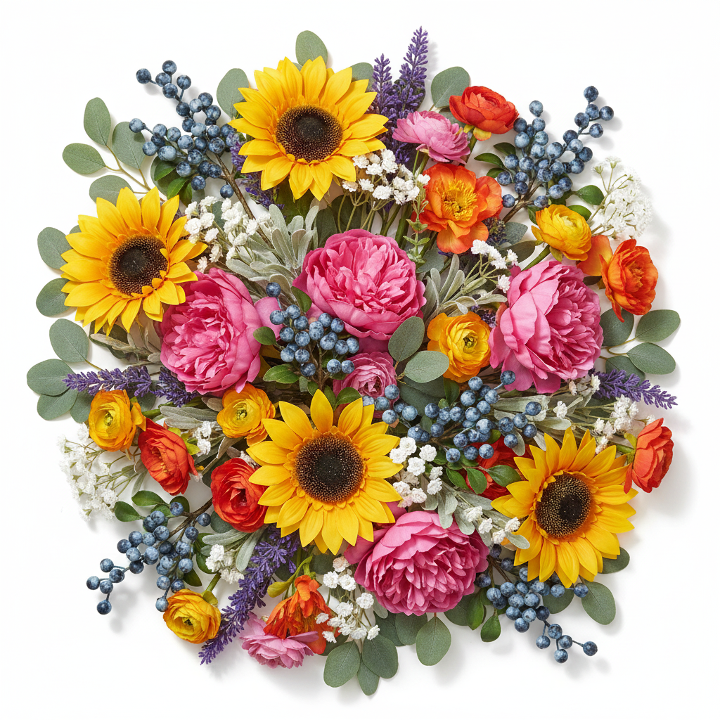 Colorful flat lay floral arrangement with artificial blueberry stems mixed with sunflowers, pink peonies, purple lavender, orange ranunculus, and baby's breath styled by a florist