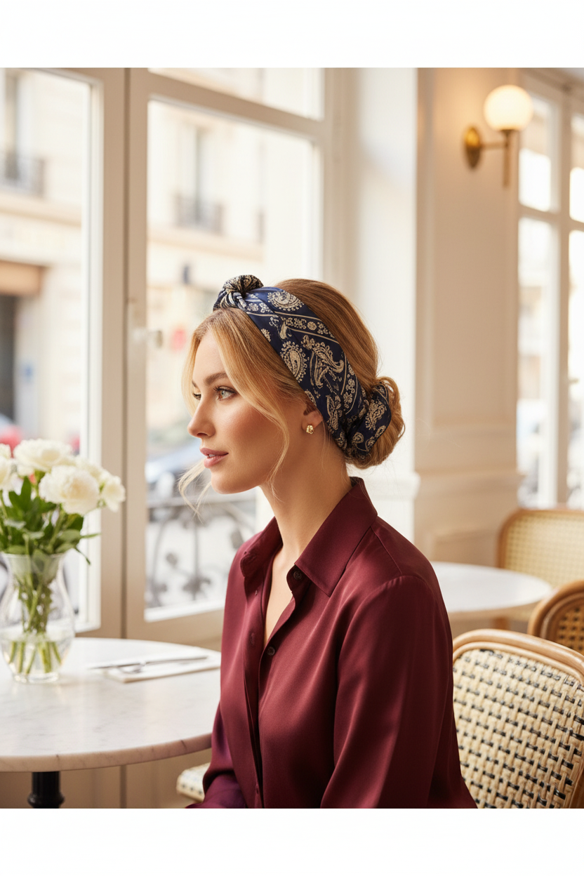 Woman with blonde hair wearing navy blue satin paisley scarf wrapped naturally around a low bun as a hair wrap, in a burgundy silk blouse at a bright Parisian cafe