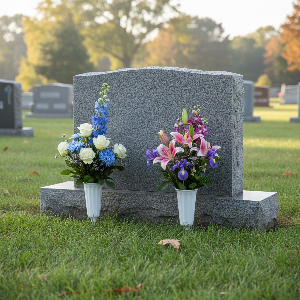 Small white cemetery vases in use at peaceful gravesite with fresh flowers near headstone