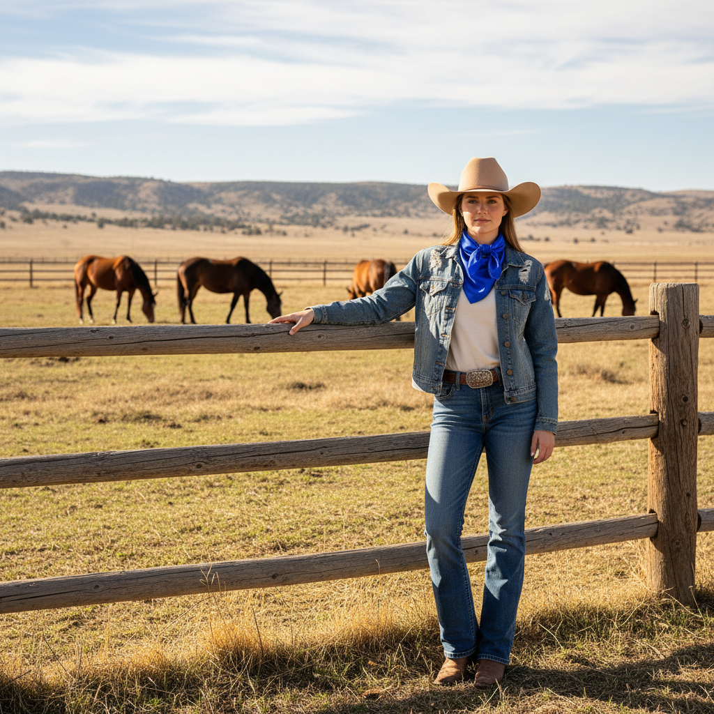 Woman wearing royal blue satin wild rag scarf at western ranch with horses - cowgirl lifestyle