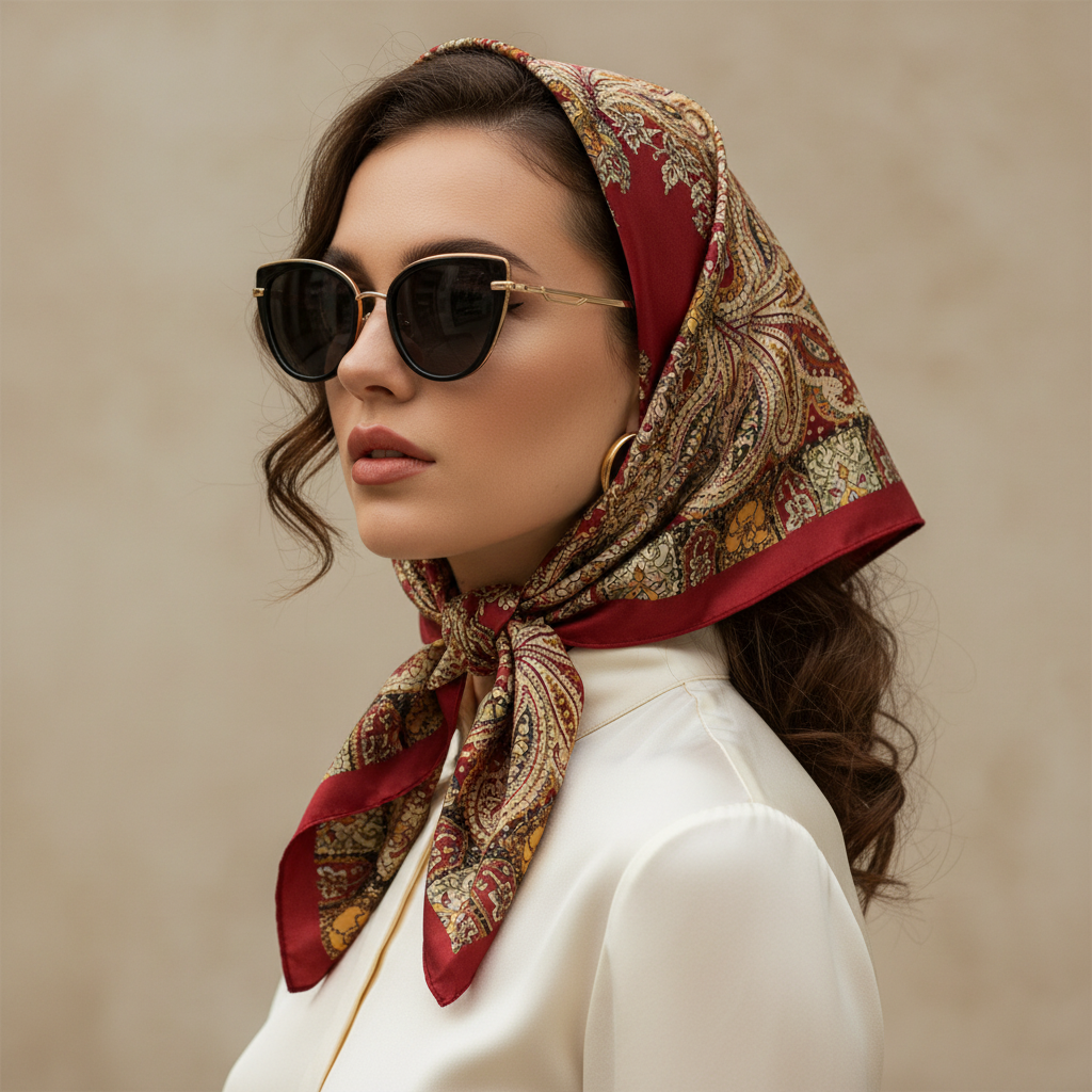 Woman wearing burgundy paisley satin scarf as a vintage glamour head scarf with sunglasses – 35 inch square scarf