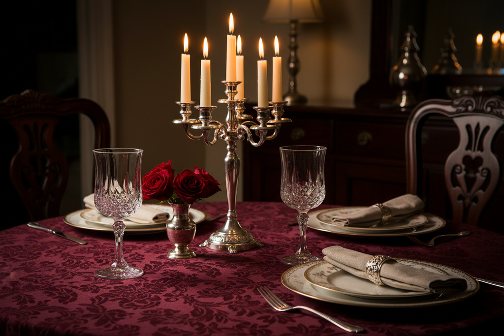 Vintage Cristal D'Arques Longchamp diamond-cut crystal wine goblets set of 2 on Victorian formal dining table with silver candelabra, gold-rimmed china and red roses