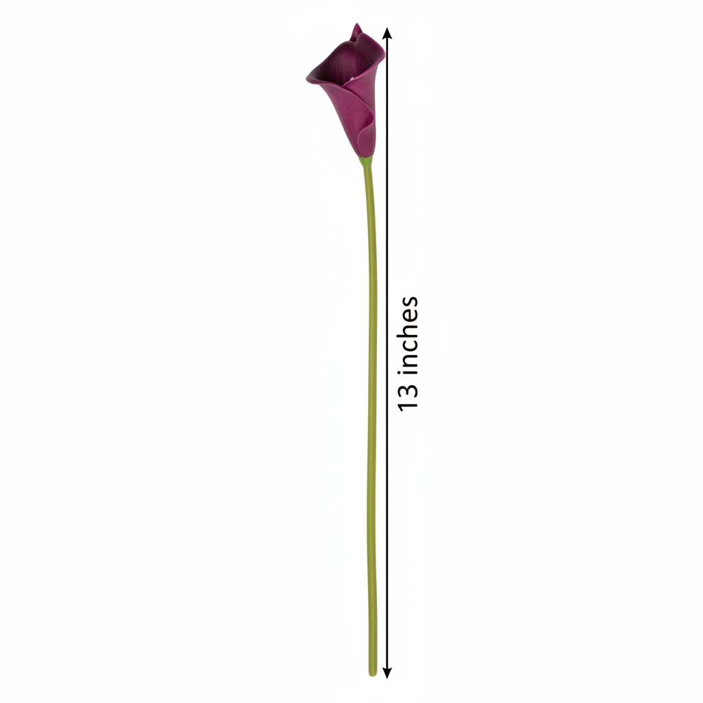 Plum purple artificial calla lily stem measurement diagram showing 13 inch stem length on white background